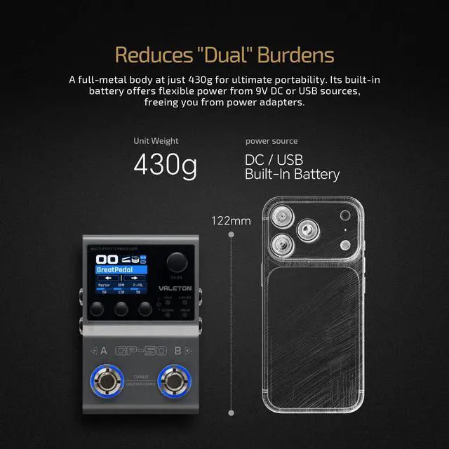 Alt view image 6 of 7 - GP-50 Multi-Effects Processor | NAM & IR Loader with 100+ HD Effects, 9 Simultaneous Modules, BT App Control, 100 Patch Slots for Guitar/Bass(Plus 1 Additional 15CM TRS Cable By Volktone)