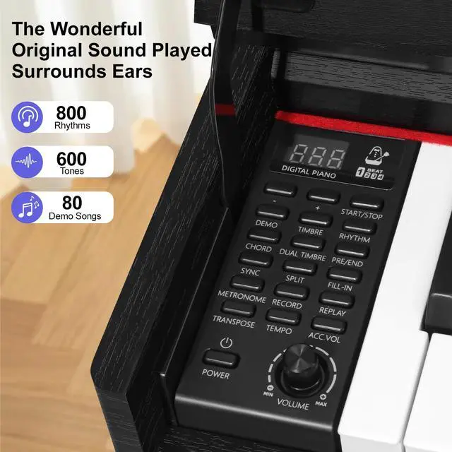 Alt view image 4 of 7 - Digital Piano Keyboard 88 key,Semi-Weighted Electric Piano,Wooden Desk Full Size Upright Electric Piano, Acoustic Piano for Beginners,Triple Pedal,USB-MIDI Compatibility (Black)