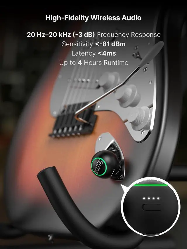 Alt view image 3 of 7 - WT09 Wireless Guitar System - 2.4GHz Guitar Transmitter Receiver with Smart Auto Pairing During 6 Channels, <4ms Latency, 100ft Range, High-Impedance Engine, RGB Indicator & Case