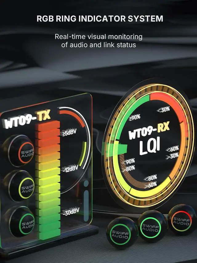 Alt view image 6 of 7 - WT09 Wireless Guitar System - 2.4GHz Guitar Transmitter Receiver with Smart Auto Pairing During 6 Channels, <4ms Latency, 100ft Range, High-Impedance Engine, RGB Indicator & Case
