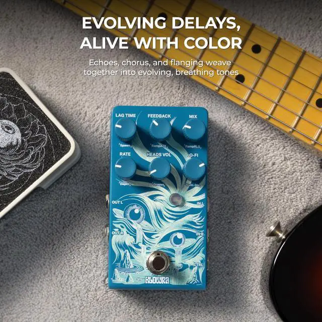 Alt view image 2 of 7 - Rilum Multi-Head Tape Delay & Modulation Pedal for Electric Guitar and Synth, Vintage Tape Echo with Through-Zero Flanger, Chorus, Tap Tempo & Twisted Tempo, Stereo Outputs