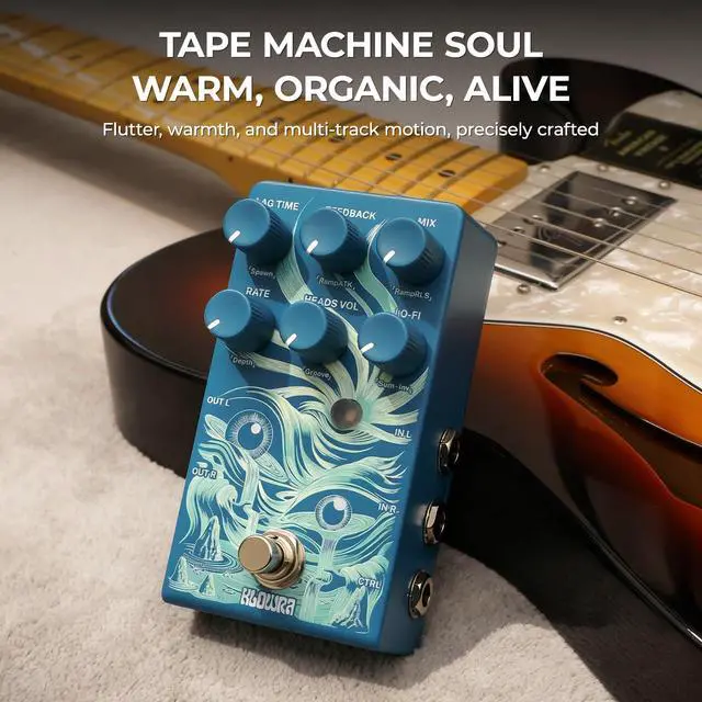 Alt view image 3 of 7 - Rilum Multi-Head Tape Delay & Modulation Pedal for Electric Guitar and Synth, Vintage Tape Echo with Through-Zero Flanger, Chorus, Tap Tempo & Twisted Tempo, Stereo Outputs