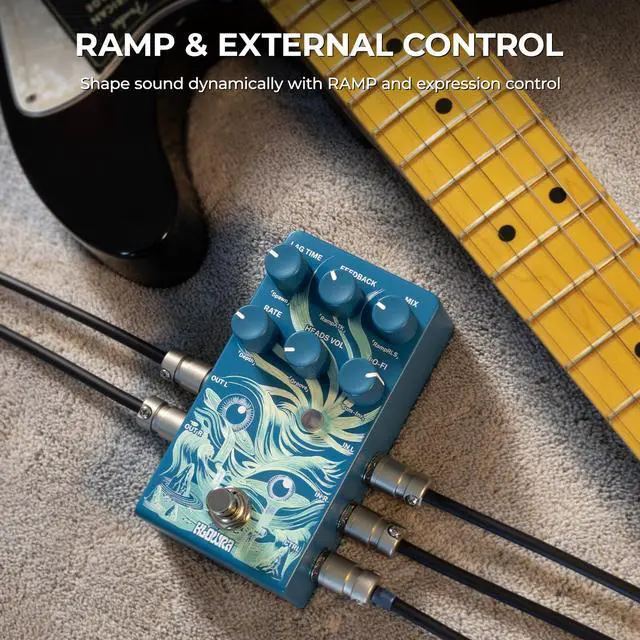 Alt view image 6 of 7 - Rilum Multi-Head Tape Delay & Modulation Pedal for Electric Guitar and Synth, Vintage Tape Echo with Through-Zero Flanger, Chorus, Tap Tempo & Twisted Tempo, Stereo Outputs