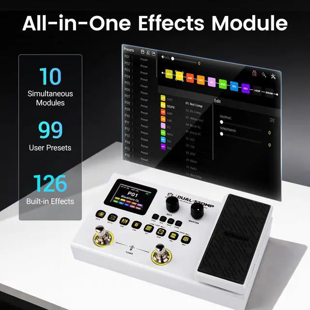 Alt view image 2 of 7 - Dual Stomp Multi Effects Guitar Pedals, Rechargeable Multi Effects Processor with Expression Wah Volume 99 Presets 126 Effects 40s Loop 100 Drums 20 IR/NAM Slots USB Audio Record