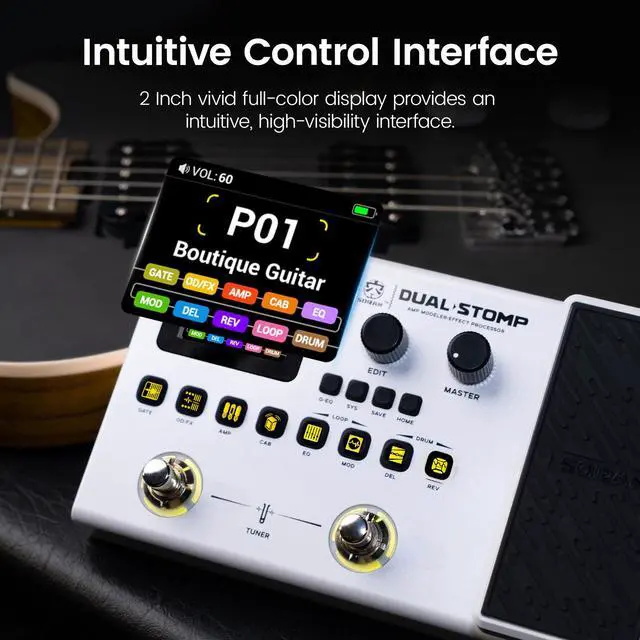 Alt view image 7 of 7 - Dual Stomp Multi Effects Guitar Pedals, Rechargeable Multi Effects Processor with Expression Wah Volume 99 Presets 126 Effects 40s Loop 100 Drums 20 IR/NAM Slots USB Audio Record