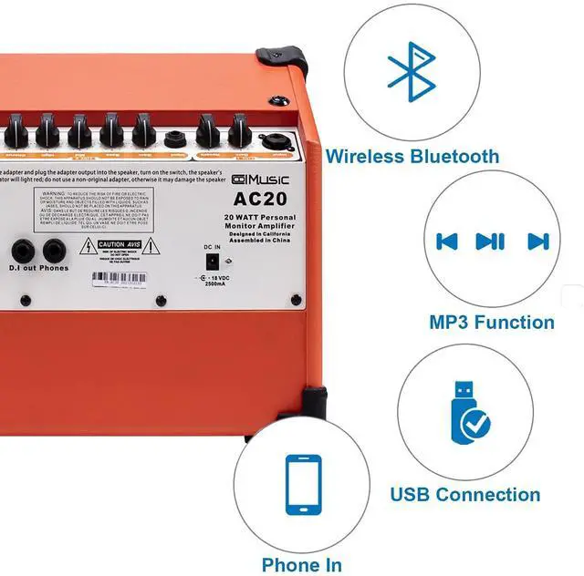 Alt view image 3 of 7 - Acoustic Guitar Amplifier, 20 Watt Bluetooth Amp for Guitar Acoustic with Reverb Chorus Effect, 3 Band EQIncluding Microphone and Audio Cable