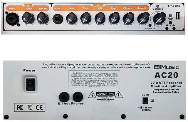 Alt view image 5 of 7 - Acoustic Guitar Amplifier, 20 Watt Bluetooth Amp for Guitar Acoustic with Reverb Chorus Effect, 3 Band EQIncluding Microphone and Audio Cable