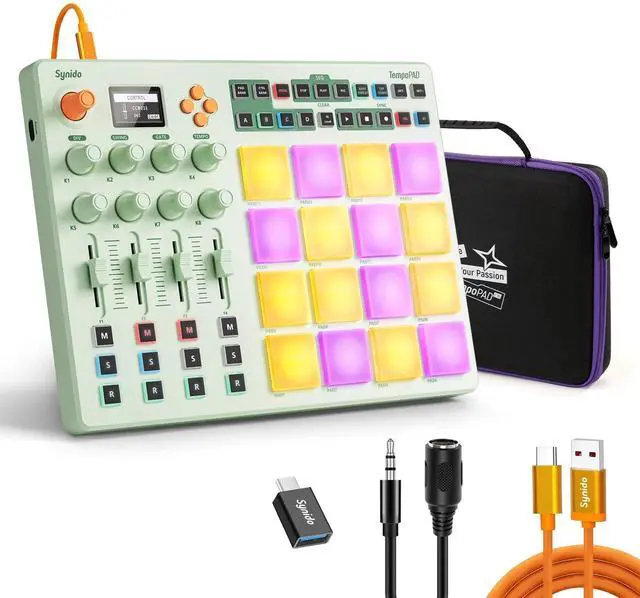 Main image of Wireless MIDI Pad Controller, USB Rechargeable Beat Maker Machine for Music Production Professional with 16 RGB Beat Pad, OLED Screen, 16 Step Sequencer, MIDI In/Out/Thru