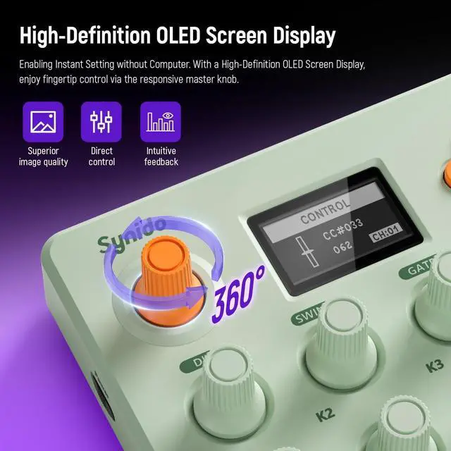 Alt view image 4 of 7 - Wireless MIDI Pad Controller, USB Rechargeable Beat Maker Machine for Music Production Professional with 16 RGB Beat Pad, OLED Screen, 16 Step Sequencer, MIDI In/Out/Thru