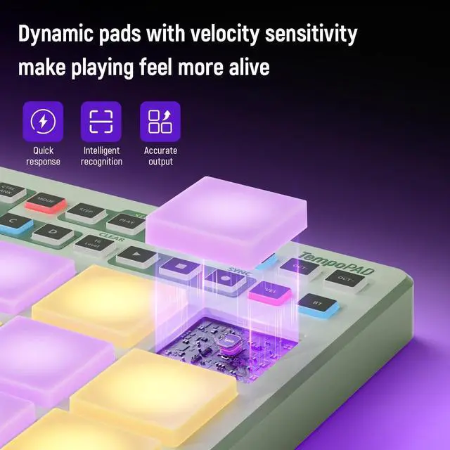 Alt view image 6 of 7 - Wireless MIDI Pad Controller, USB Rechargeable Beat Maker Machine for Music Production Professional with 16 RGB Beat Pad, OLED Screen, 16 Step Sequencer, MIDI In/Out/Thru