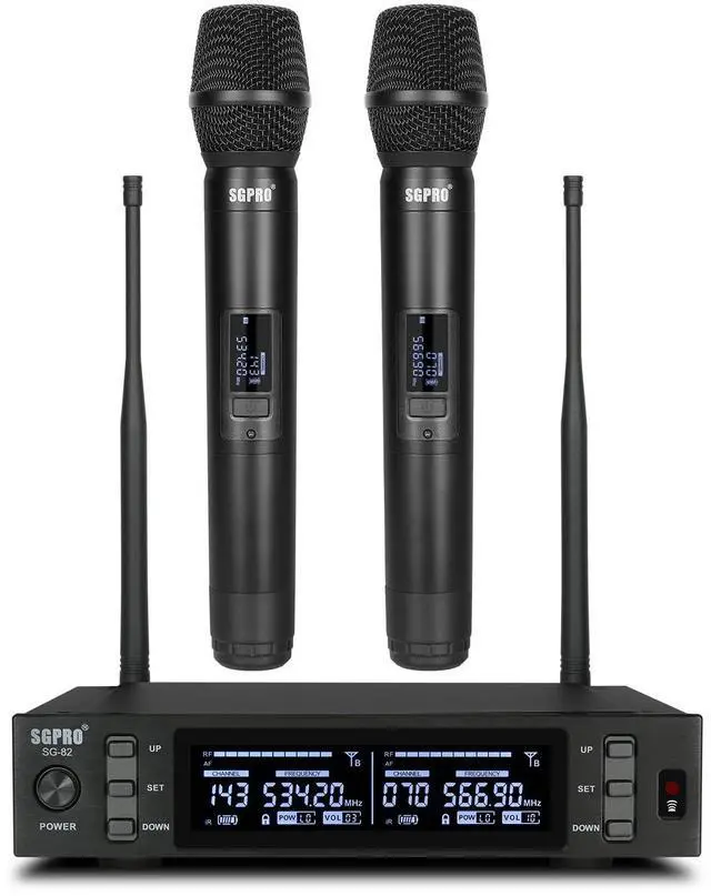Main image of SG-82HH Dual Handheld Wireless Microphone System, 520-590 MHz | Metal handheld mics and receiver, Adjustable UHF channels, Antenna diversity, Professional audio and events