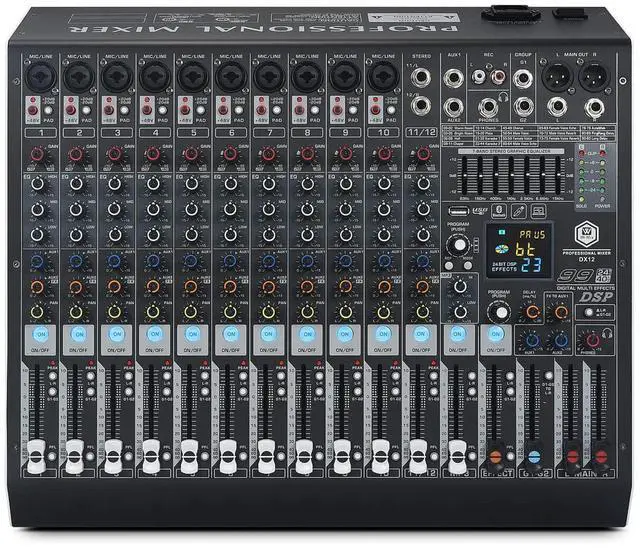 Main image of DX12 Professional DJ Audio Mixer 12 Channel with 99 DSP Effects,7-band EQ,Independent 48V Phantom Power&Mute Button,Bluetooth Function,USB Interface Recording For Studio & Stage