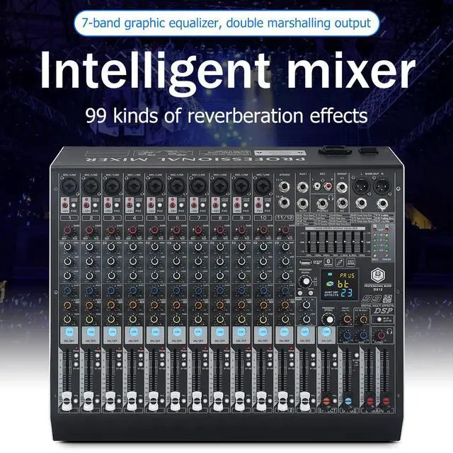 Alt view image 2 of 7 - DX12 Professional DJ Audio Mixer 12 Channel with 99 DSP Effects,7-band EQ,Independent 48V Phantom Power&Mute Button,Bluetooth Function,USB Interface Recording For Studio & Stage