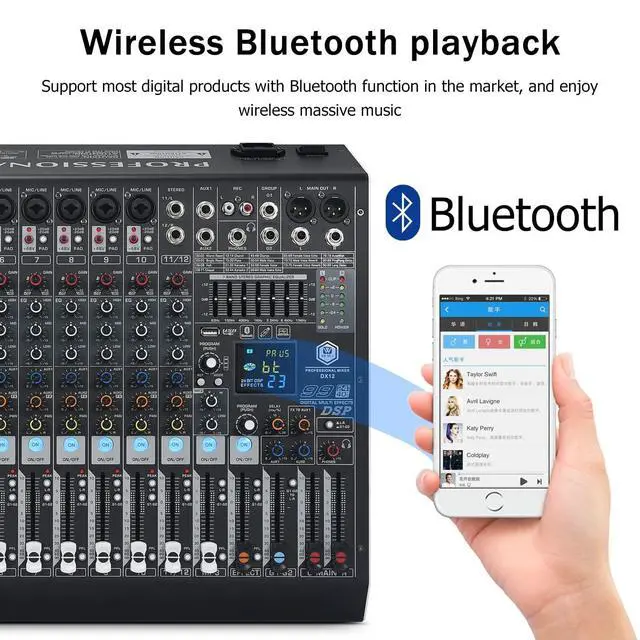 Alt view image 4 of 7 - DX12 Professional DJ Audio Mixer 12 Channel with 99 DSP Effects,7-band EQ,Independent 48V Phantom Power&Mute Button,Bluetooth Function,USB Interface Recording For Studio & Stage