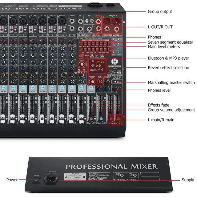 Alt view image 7 of 7 - DX12 Professional DJ Audio Mixer 12 Channel with 99 DSP Effects,7-band EQ,Independent 48V Phantom Power&Mute Button,Bluetooth Function,USB Interface Recording For Studio & Stage