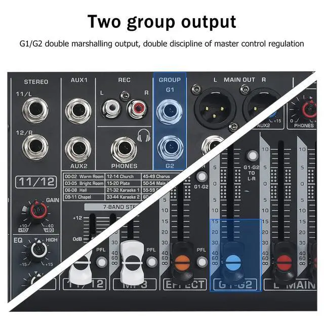 Alt view image 5 of 7 - DX12 Professional DJ Audio Mixer 12 Channel with 99 DSP Effects,7-band EQ,Independent 48V Phantom Power&Mute Button,Bluetooth Function,USB Interface Recording For Studio & Stage