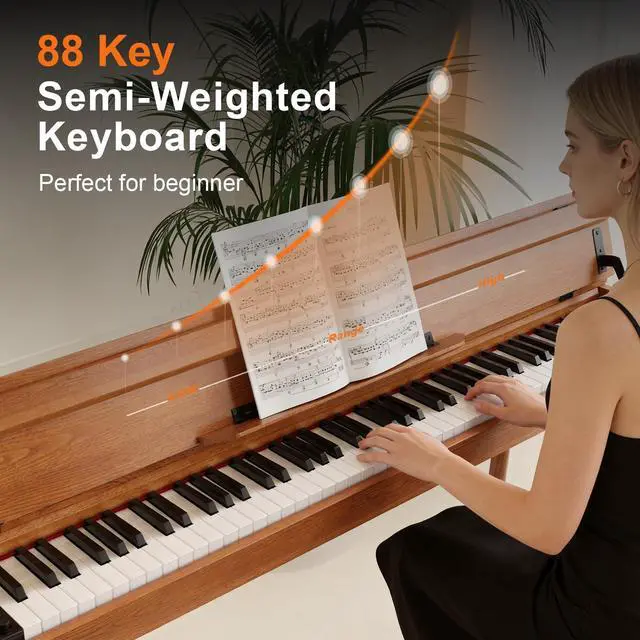 Alt view image 2 of 7 - 88 Key Full-Weighted Digital Piano - Wooden Upright Electric Keyboard with Progressive Hammer Action, 3-Pedal Unit, Stand & Headphone Jack for Beginner Adults (Brown)
