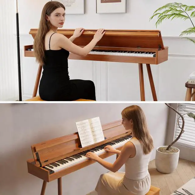 Alt view image 6 of 7 - 88 Key Full-Weighted Digital Piano - Wooden Upright Electric Keyboard with Progressive Hammer Action, 3-Pedal Unit, Stand & Headphone Jack for Beginner Adults (Brown)