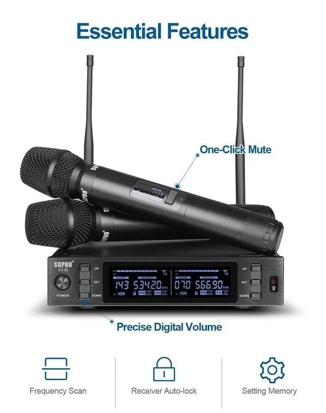 Alt view image 3 of 7 - SG-82HH Dual Handheld Wireless Microphone System, 520-590 MHz | Metal handheld mics and receiver, Adjustable UHF channels, Antenna diversity, Professional audio and events