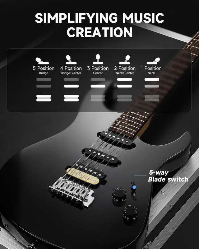 Alt view image 6 of 7 - DMT-66 Solid Body Electric Guitar Kit for Beginners, Full Size 39" Electric Guitar with HSS Pickups, Poplar Body, Maple Neck, Starter Guitar with Gig Bag, Adjustment Wrench, Black