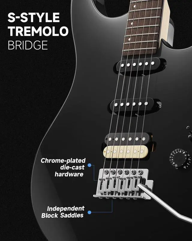 Alt view image 2 of 7 - DMT-66 Solid Body Electric Guitar Kit for Beginners, Full Size 39" Electric Guitar with HSS Pickups, Poplar Body, Maple Neck, Starter Guitar with Gig Bag, Adjustment Wrench, Black