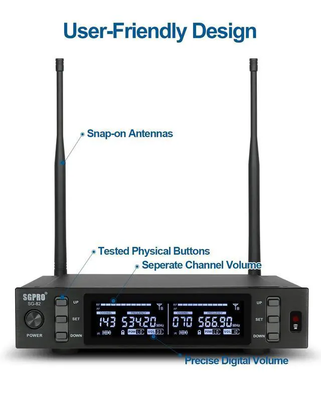 Alt view image 5 of 7 - SG-82BB Dual Wireless Microphone System, 520-590 MHz | Metal transmitter and receiver, Adjustable frequency, Antenna diversity, Professional audio and events