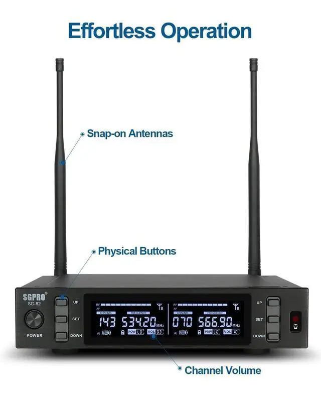 Alt view image 6 of 7 - SG-82HH Dual Handheld Wireless Microphone System, 520-590 MHz | Metal handheld mics and receiver, Adjustable UHF channels, Antenna diversity, Professional audio and events