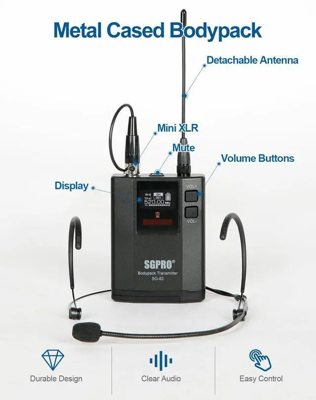 Alt view image 3 of 7 - SG-82BB Dual Wireless Microphone System, 520-590 MHz | Metal transmitter and receiver, Adjustable frequency, Antenna diversity, Professional audio and events