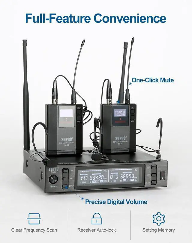 Alt view image 4 of 7 - SG-82BB Dual Wireless Microphone System, 520-590 MHz | Metal transmitter and receiver, Adjustable frequency, Antenna diversity, Professional audio and events
