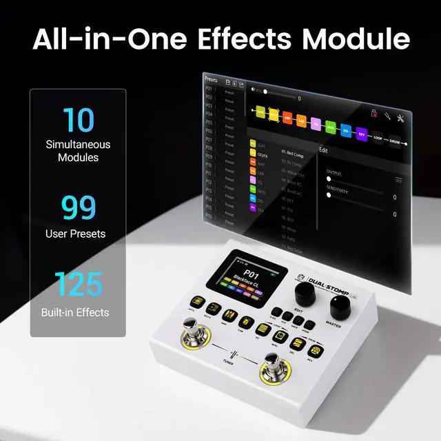 Alt view image 2 of 7 - JME-02 Dual Stomp Lite Multi-Effects Guitar Pedal, Portable Guitar Pedal with 125 Effects, 99 Presets, 10 Effect Modules, 100 Drum Rhythms, 40s Looper, 20 IR/NAM Slots, USB Audio Interface