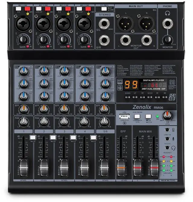 Main image of RM06 6Channel Audio Mixer Sound Board, Bluetooth Mixer USB Audio Interface, DJ Mixer with 2 XLR Combo Inputs, 24 Bit 192kHz Recording, Mixing Console for Podcast Live Streaming Home Studio
