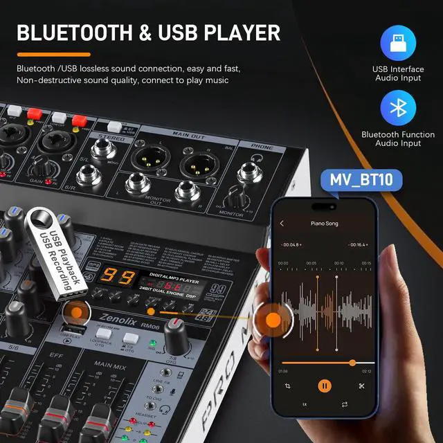 Alt view image 2 of 7 - RM06 6Channel Audio Mixer Sound Board, Bluetooth Mixer USB Audio Interface, DJ Mixer with 2 XLR Combo Inputs, 24 Bit 192kHz Recording, Mixing Console for Podcast Live Streaming Home Studio
