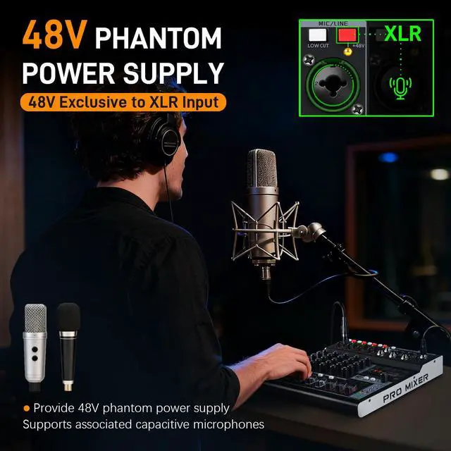Alt view image 4 of 7 - RM06 6Channel Audio Mixer Sound Board, Bluetooth Mixer USB Audio Interface, DJ Mixer with 2 XLR Combo Inputs, 24 Bit 192kHz Recording, Mixing Console for Podcast Live Streaming Home Studio