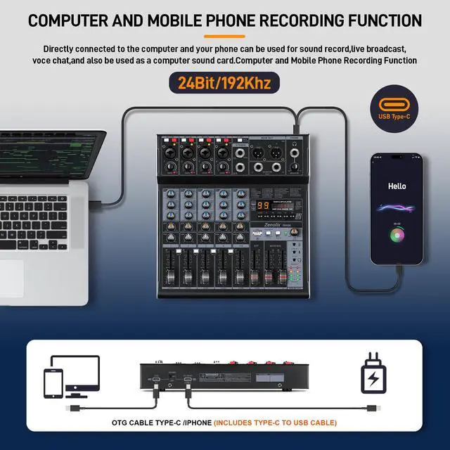 Alt view image 3 of 7 - RM06 6Channel Audio Mixer Sound Board, Bluetooth Mixer USB Audio Interface, DJ Mixer with 2 XLR Combo Inputs, 24 Bit 192kHz Recording, Mixing Console for Podcast Live Streaming Home Studio