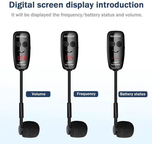 Alt view image 3 of 7 - Wireless Saxophone Microphone, Dual UHF Clip Microphones for Sax | Rechargeable Mic System, with Digital Display, for Trumpet Tuba FrenchHorn Instrument Teaching Street Bars Stage Performance