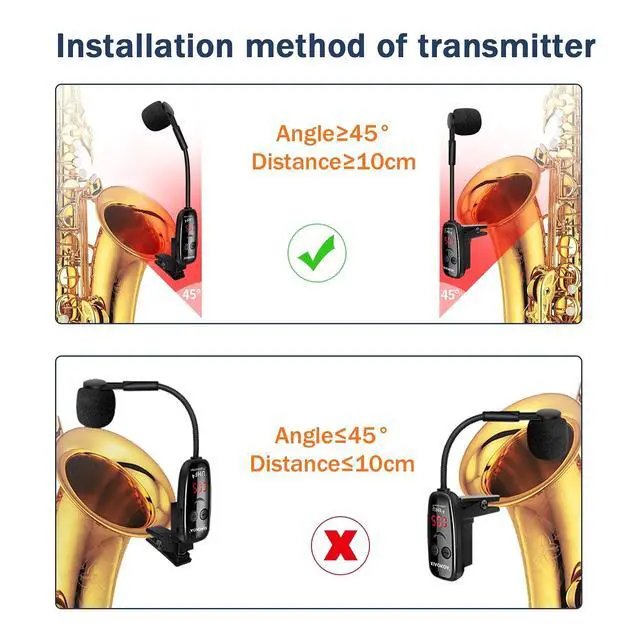 Alt view image 5 of 7 - Wireless Saxophone Microphone, Dual UHF Clip Microphones for Sax | Rechargeable Mic System, with Digital Display, for Trumpet Tuba FrenchHorn Instrument Teaching Street Bars Stage Performance