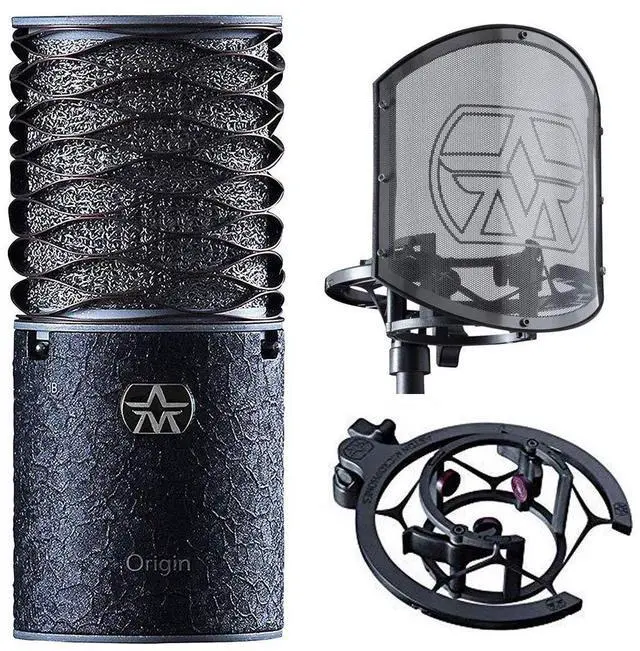 Main image of Origin Black Bundle Production Kit Pairing a Rock'n'Roll Black Version of Aston's Legendary Origin Microphone with The Swiftshield Pop Filter and Shock Mount Set