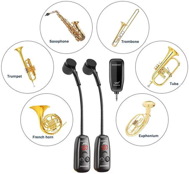 Alt view image 7 of 7 - Wireless Saxophone Microphone, Dual UHF Clip Microphones for Sax | Rechargeable Mic System, with Digital Display, for Trumpet Tuba FrenchHorn Instrument Teaching Street Bars Stage Performance