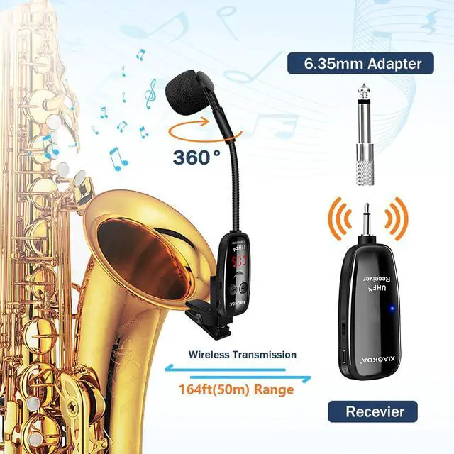 Alt view image 2 of 7 - Wireless Saxophone Microphone, Dual UHF Clip Microphones for Sax | Rechargeable Mic System, with Digital Display, for Trumpet Tuba FrenchHorn Instrument Teaching Street Bars Stage Performance