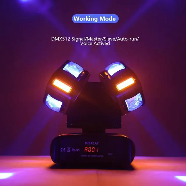 Alt view image 3 of 7 - Moving Head DJ Light, Mini Double Heads 10 LED RGBW Beam,10 LEDs Golden Strobe Sound Activated DMX 512 Stage Lights for DJ KTV Disco Party, Black
