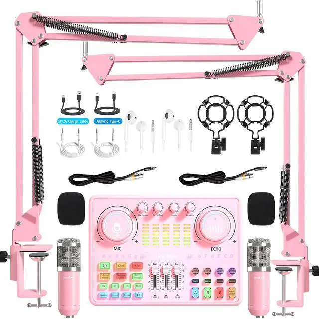 Main image of Podcast Equipment Bundle for 2: Audio Interface & DJ20 Mixer with XLR Mic, Voice Changer, 2400mAh Battery for Podcasting, TikTok Live Streaming, and Gaming (Pink)