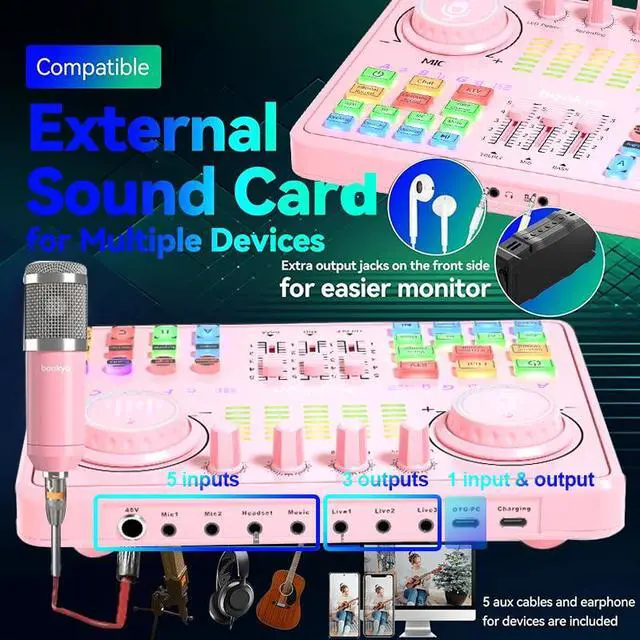 Alt view image 6 of 7 - Podcast Equipment Bundle for 2: Audio Interface & DJ20 Mixer with XLR Mic, Voice Changer, 2400mAh Battery for Podcasting, TikTok Live Streaming, and Gaming (Pink)