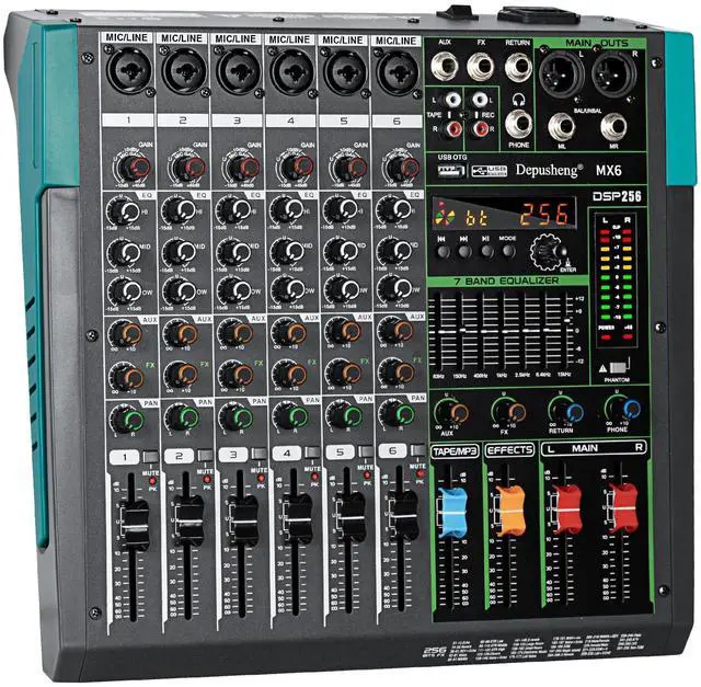 Main image of MX6 6 Channel Sound Mixer Audio Mixing Console 48V 256DSP Professional USB PC Play Record Podcast Live Broadcast (US MX6)
