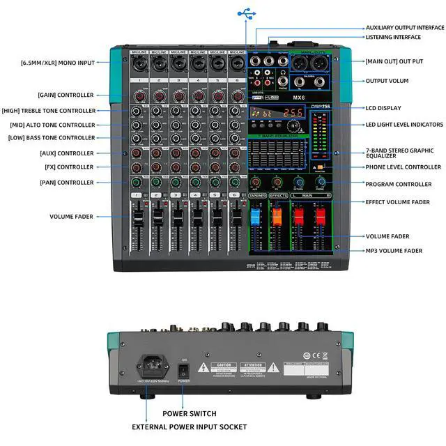Alt view image 2 of 7 - MX6 6 Channel Sound Mixer Audio Mixing Console 48V 256DSP Professional USB PC Play Record Podcast Live Broadcast (US MX6)