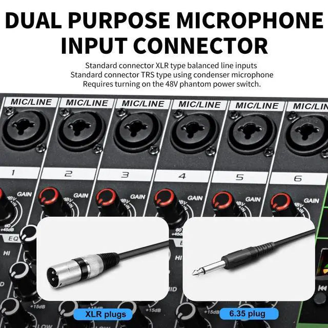 Alt view image 4 of 7 - MX6 6 Channel Sound Mixer Audio Mixing Console 48V 256DSP Professional USB PC Play Record Podcast Live Broadcast (US MX6)
