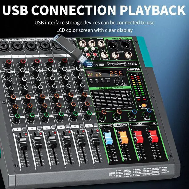 Alt view image 6 of 7 - MX6 6 Channel Sound Mixer Audio Mixing Console 48V 256DSP Professional USB PC Play Record Podcast Live Broadcast (US MX6)