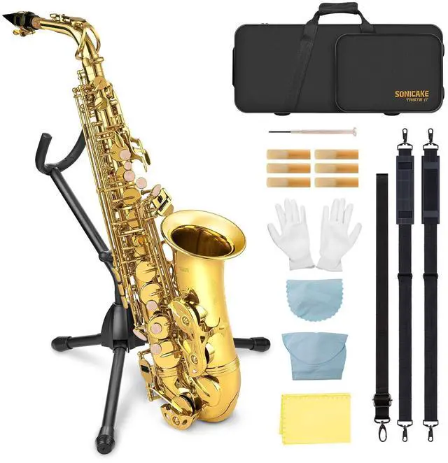 Main image of Alto Saxophone E Flat - Beginner Friendly Gold Saxophone Full Kit for Students with Carry Case, Mouthpiece, Reeds & Accessories QSX-01
