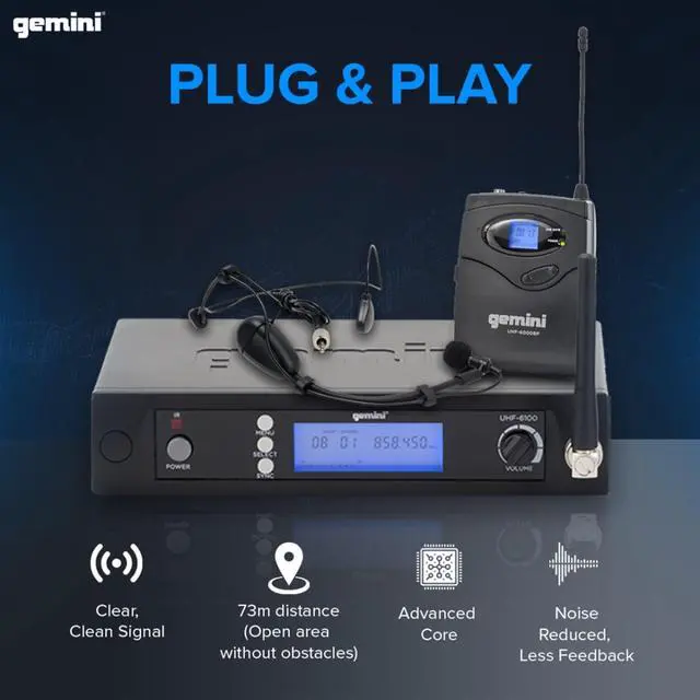 Alt view image 2 of 7 - UHF Wireless Headset & Lavalier Mic System, 240 ft (UHF-6100HL) | UHF headset & lavalier mic, 512-537.5 MHz selectable - auto SYNC pairing - LCD display - balanced XLR & 1/4" outputs, 1U rack