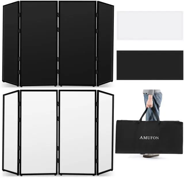 Main image of DJ Facade Booth, DJ Stand Portable Event Cover Screen with Foldable 4 Detachable Metal Frame Light Projector Display Scrim Panel Stand with Carry Bag for Party,Show,Gathering(White and Black)