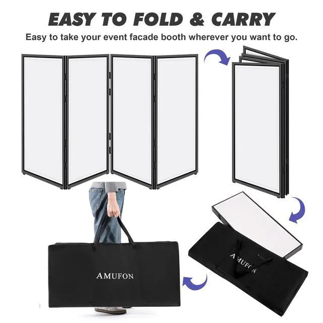 Alt view image 4 of 7 - DJ Facade Booth, DJ Stand Portable Event Cover Screen with Foldable 4 Detachable Metal Frame Light Projector Display Scrim Panel Stand with Carry Bag for Party,Show,Gathering(White and Black)